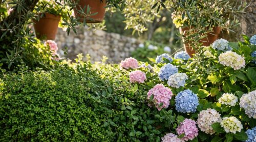 O coberto do solo clássico ideal para plantar com hortênsias no jardim