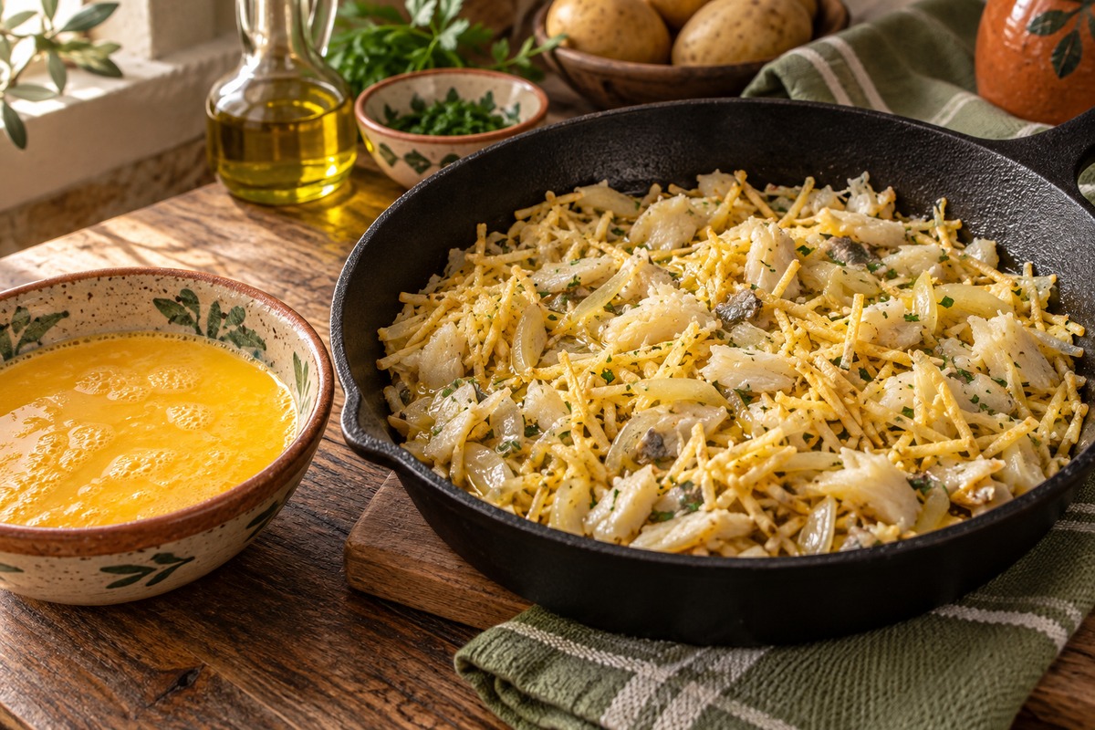 Frigideira com bacalhau, cebola e batata-palha ao lado de ovos batidos