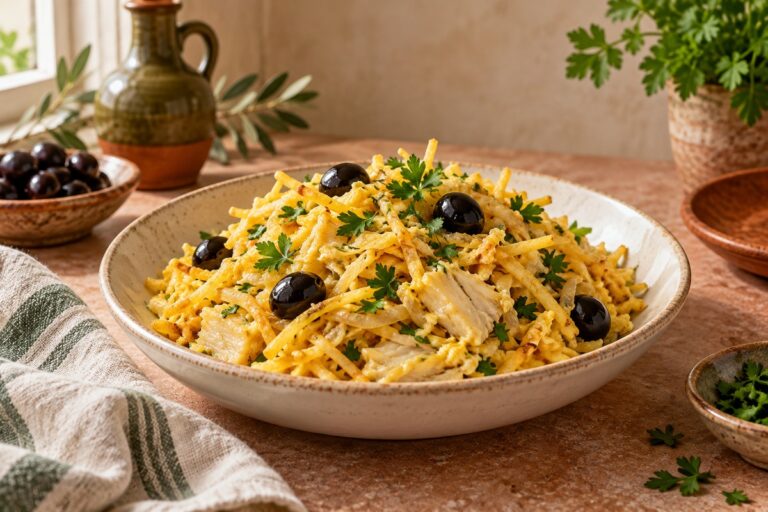 Bacalhau à Brás com ovos cremosos, batata-palha e azeitonas pretas