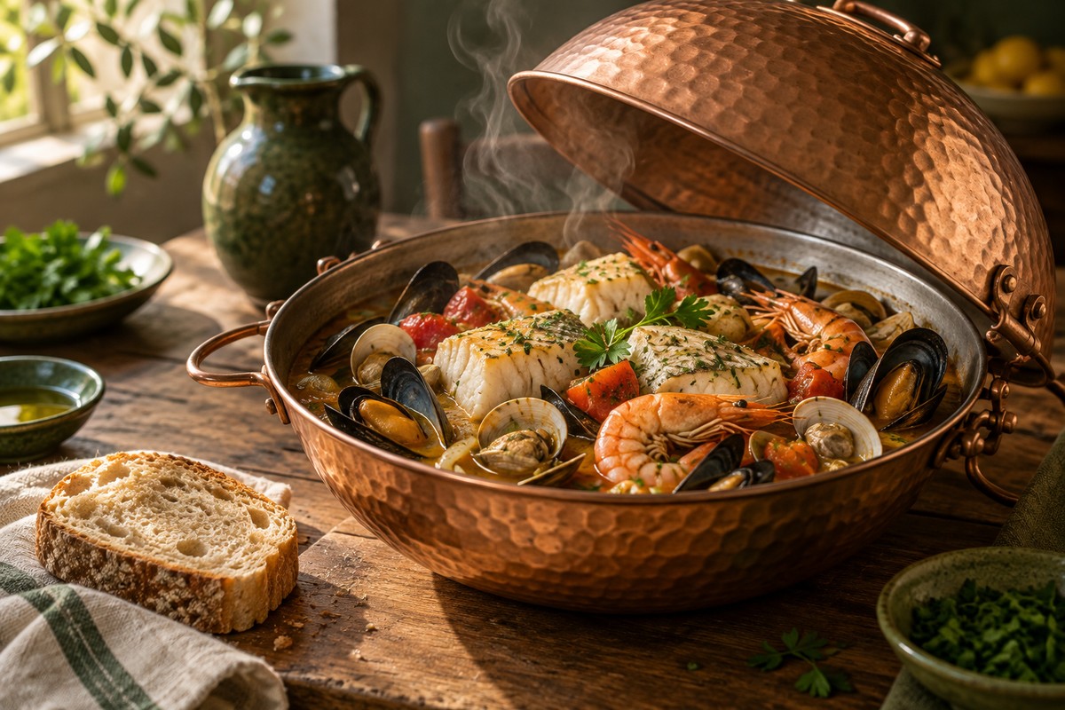 Cataplana de cobre com peixe e marisco numa mesa portuguesa