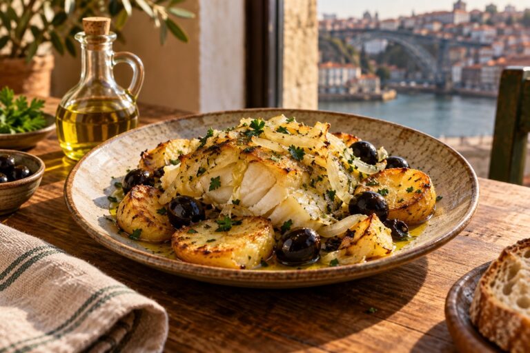 Mesa portuguesa com bacalhau, batatas assadas, azeitonas e azeite