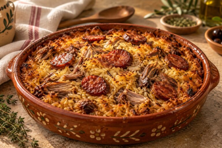 Arroz de pato dourado no forno, servido numa caçoila portuguesa