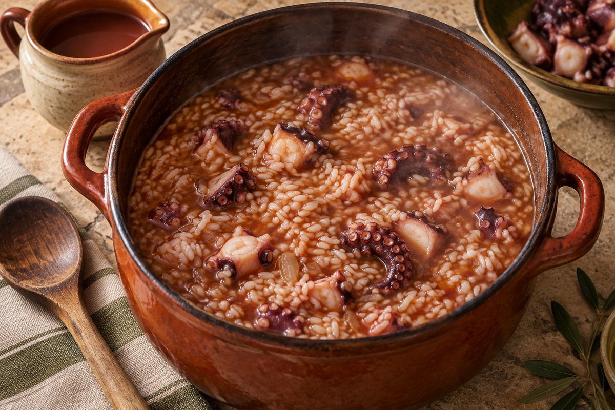 Arroz de polvo a cozer em caldo dentro de uma caçoila de barro