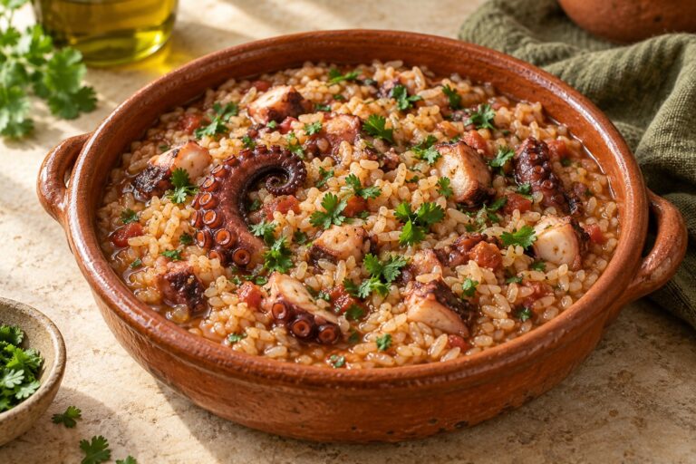 Arroz de polvo malandrinho servido numa caçoila de barro com caldo e coentros