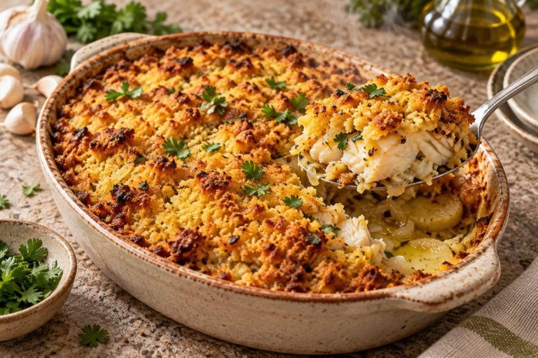 Bacalhau com broa no forno com crosta dourada e peixe húmido