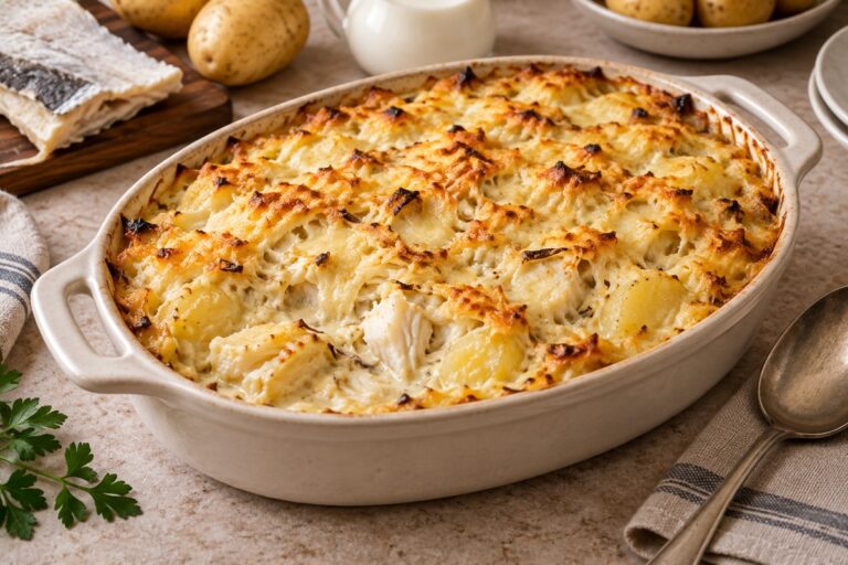 Bacalhau com natas cremoso num tabuleiro de forno com batata e molho espesso