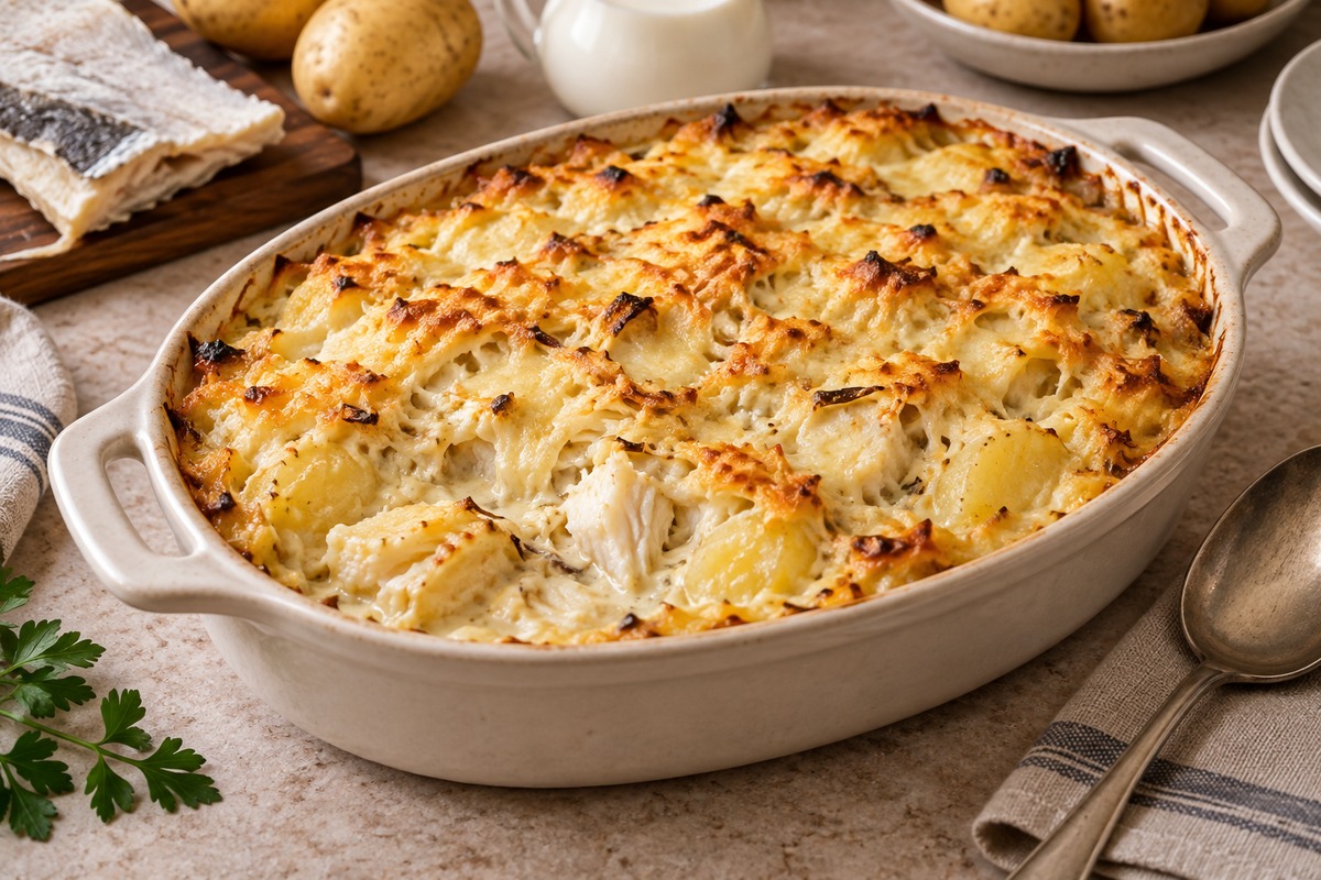 Bacalhau com natas cremoso num tabuleiro de forno com batata e molho espesso