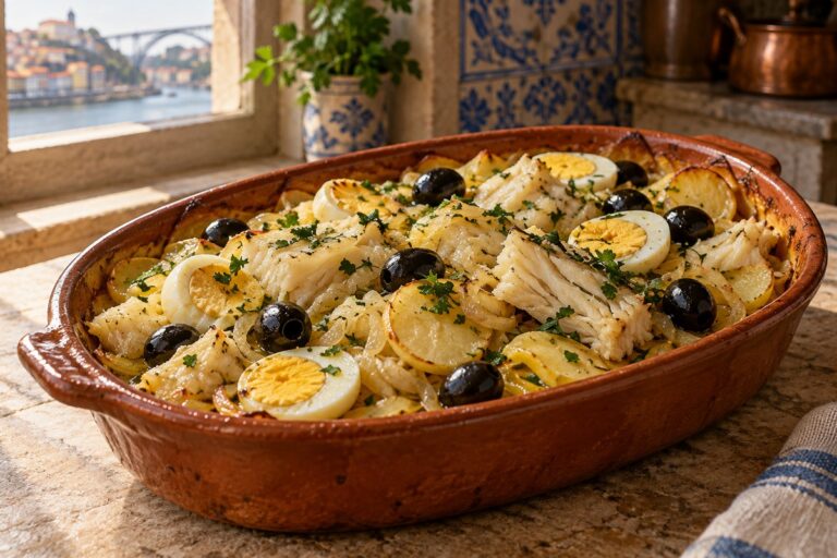 Bacalhau à Gomes de Sá numa travessa de barro com batata, bacalhau, cebola, ovo e azeitonas