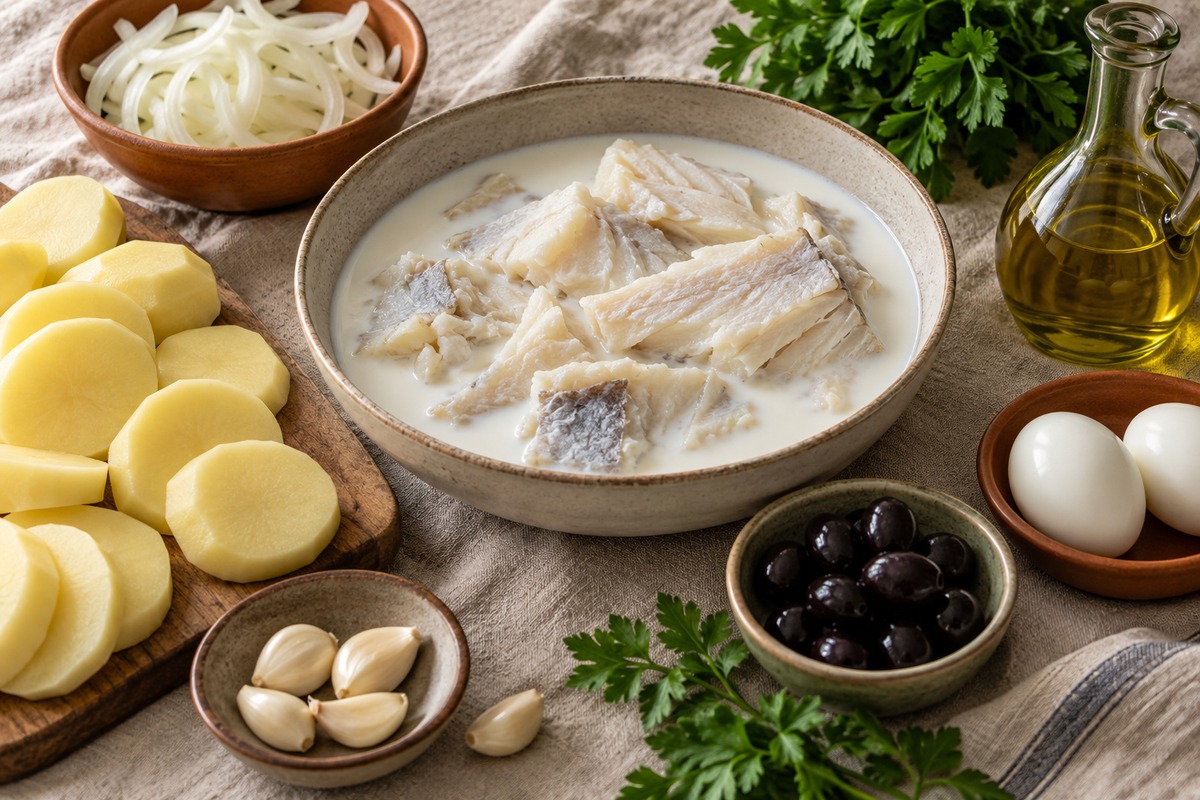 Lascas de bacalhau a repousar em leite quente antes da confeção