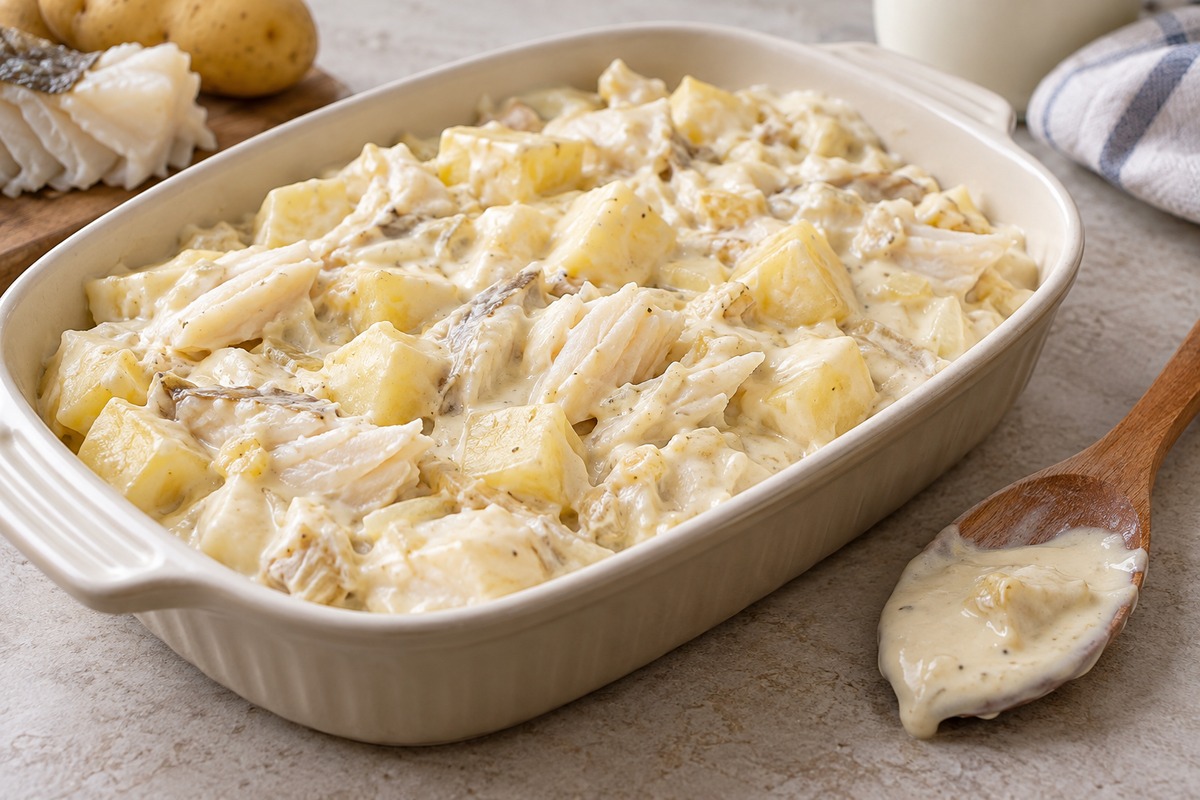 Molho béchamel e natas sobre o bacalhau antes de gratinar