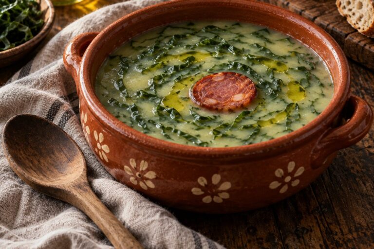 Tigela de barro com caldo verde, couve em juliana fina e rodelas de chouriço