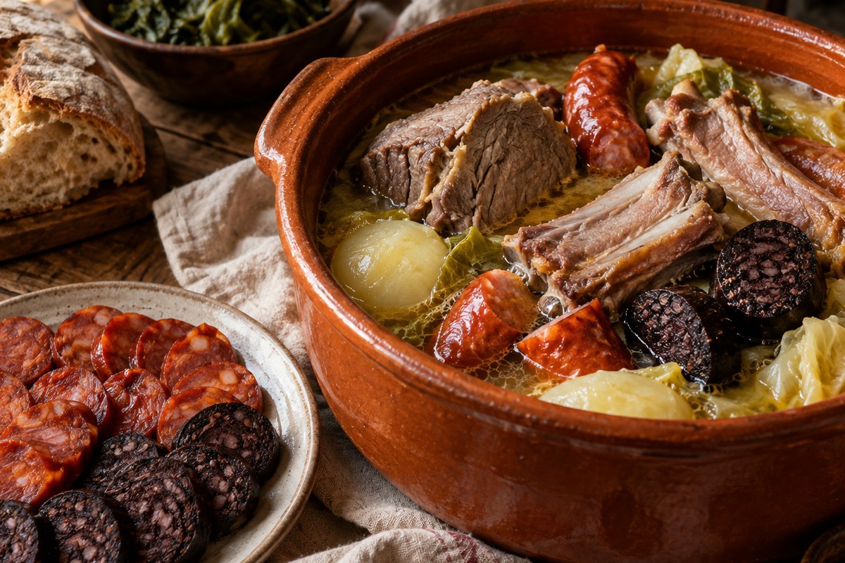 Panela de barro com carnes, chouriço e morcela a cozer em caldo dourado