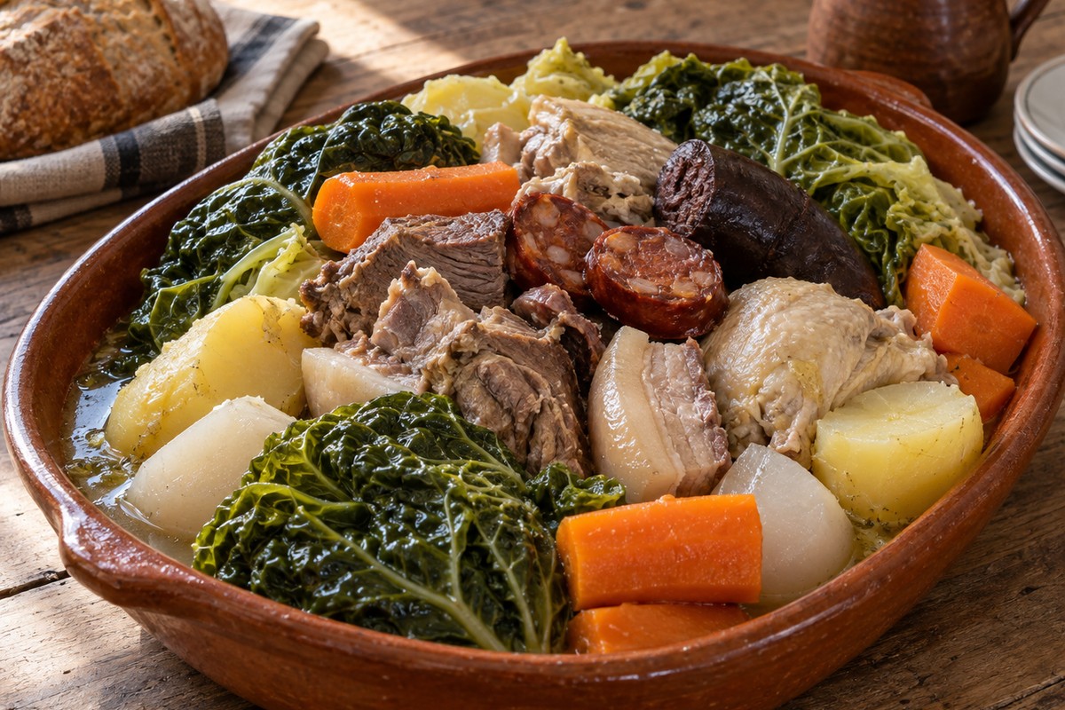 Legumes do cozido à portuguesa numa travessa larga, com couve-lombarda inteira