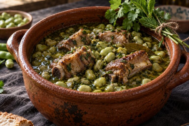 Panela de barro com favas com entrecosto, hortelã e coentros
