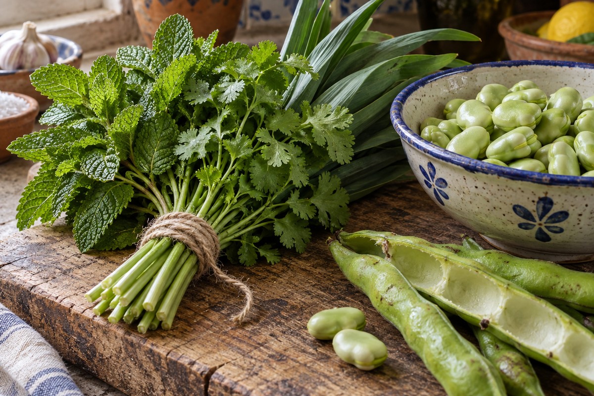 Ramo de hortelã, coentros e folhas de alho atado com fio ao lado de favas descascadas