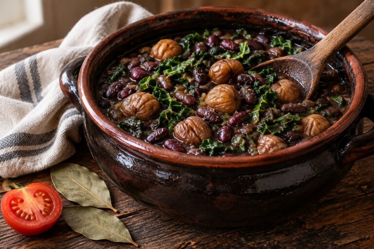 Panela de barro com feijoada de castanha: feijão vermelho, castanhas inteiras e couve lombarda em fios, com tomate e louro na mesa