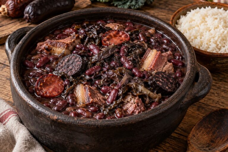 Panela de barro com feijoada à transmontana: feijão encarnado, chouriço, morcela e couve