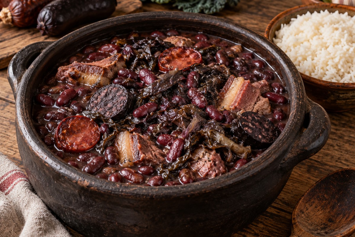 Panela de barro com feijoada à transmontana: feijão encarnado, chouriço, morcela e couve