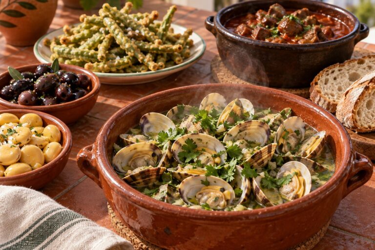 Mesa de petiscos portugueses com amêijoas à Bulhão Pato, tremoços, azeitonas, peixinhos da horta e moelas estufadas em tachos de barro