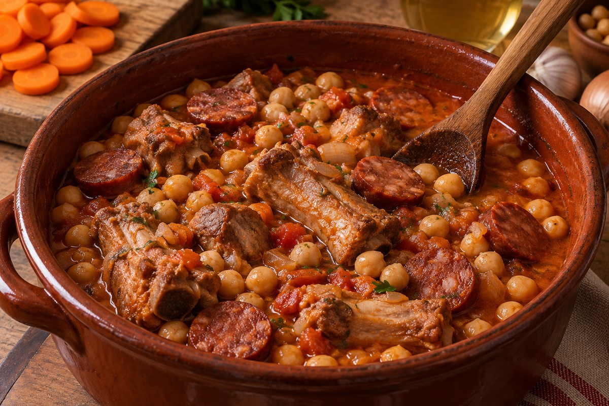 Tacho de barro com rancho à portuguesa: entrecosto, grão-de-bico, chouriço e cenoura