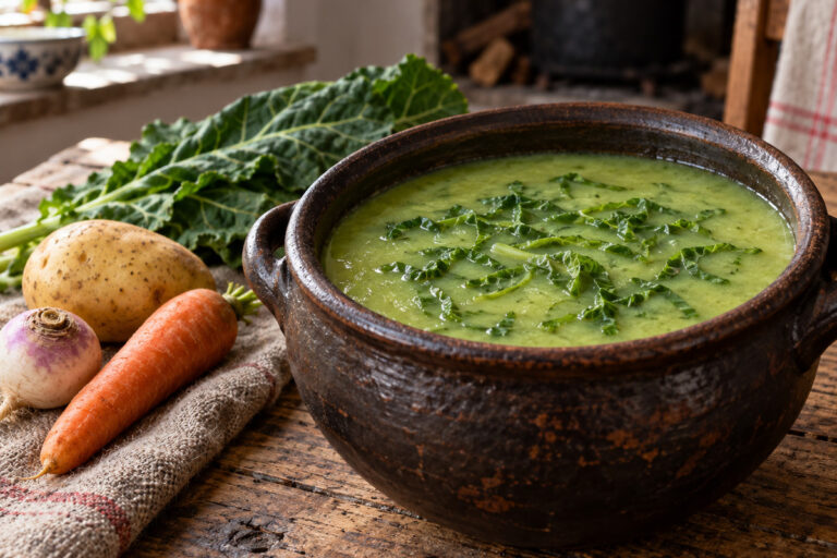 Panela de barro com sopa de legumes verde e couve cortada em fios, com batata, cenoura e nabo crus ao lado