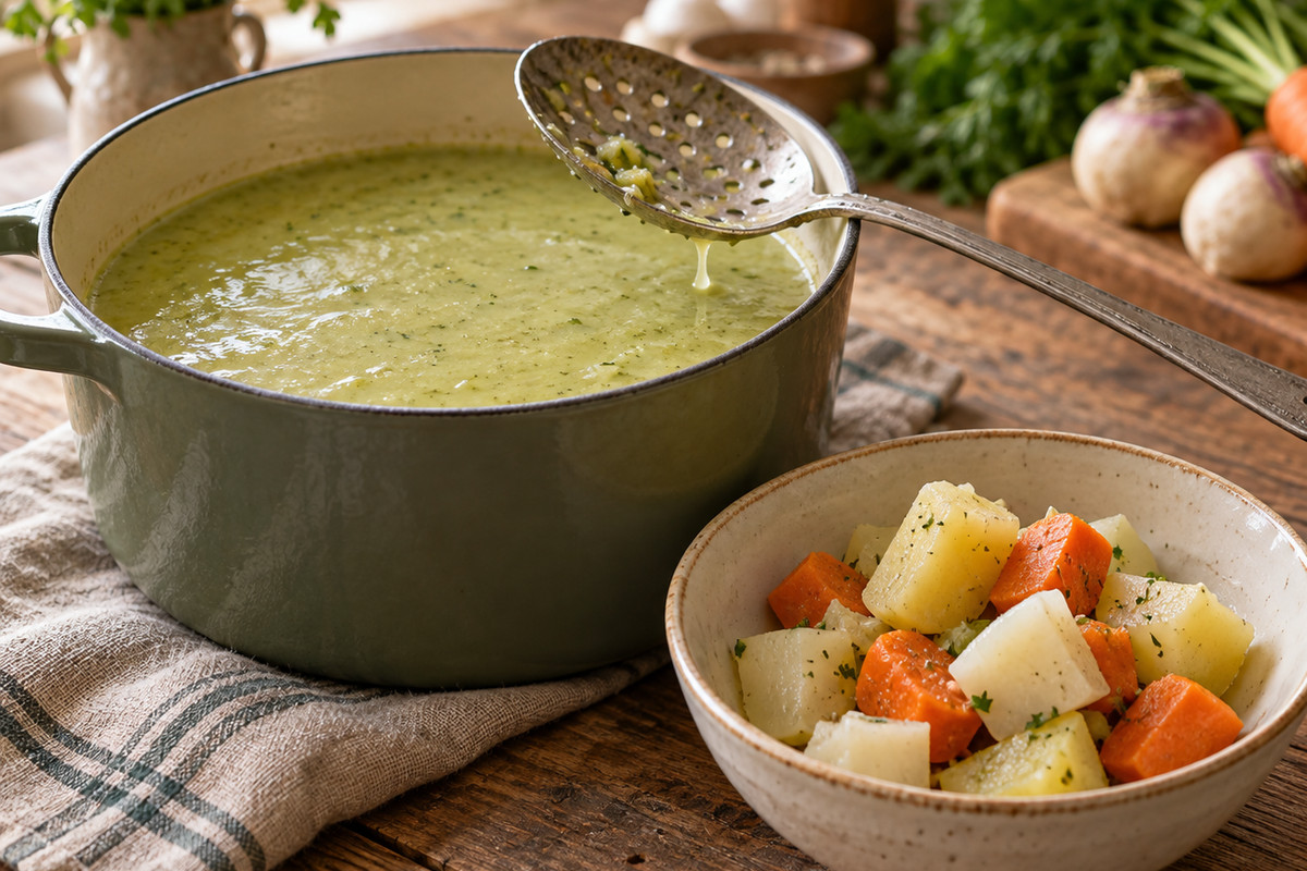 Creme de legumes passado na panela com uma escumadeira e um prato de batata, cenoura e nabo cozidos reservados ao lado
