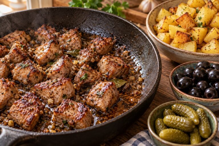 Carne de porco dourada com batatas, azeitonas pretas e pickles